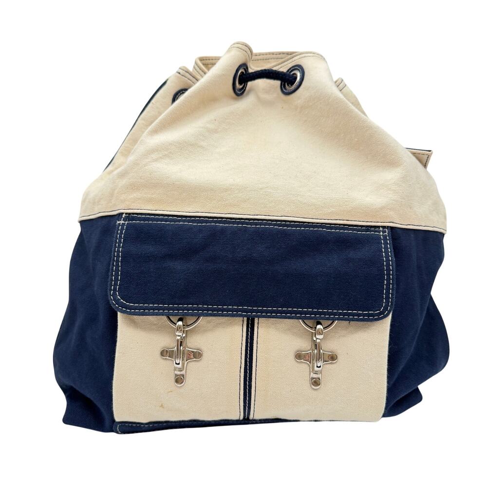 Liz Claiborne LIZ Cotton Canvas Drawstring Backpack Navy Cream Nautical Y2K